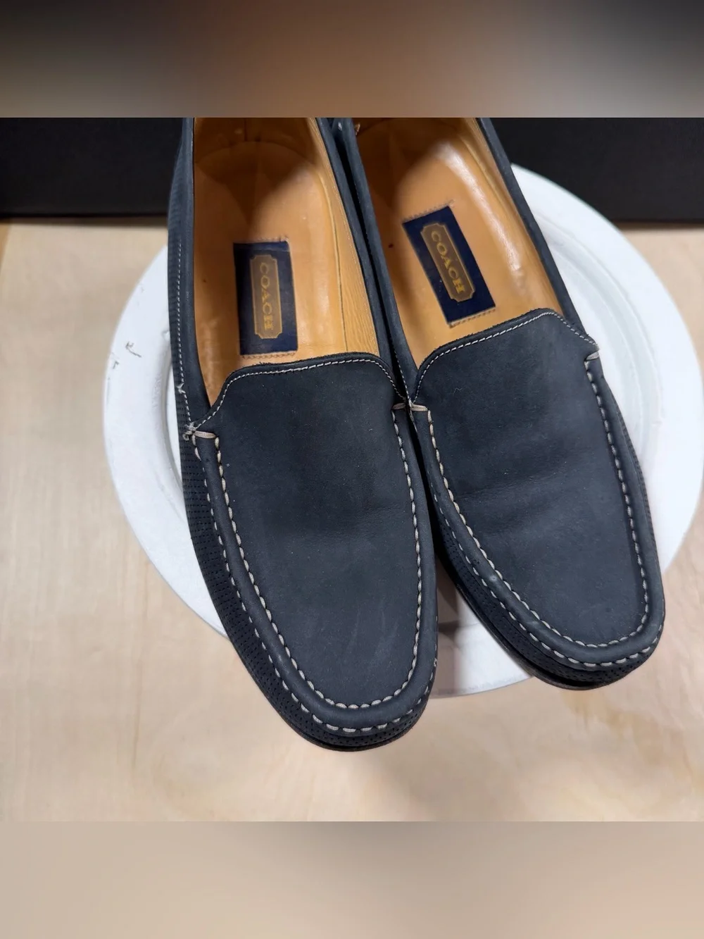 Men’s Coach Blue Leather Moccasin Driving Shoe W/Contrast Stitching Size 7.5